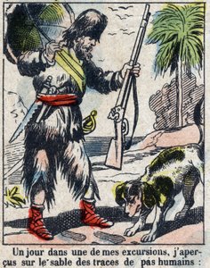 Illustration för Daniel Defoes bok (De foe) "" Robinson Crusoe"". Epinal avbildning från slutet av 1800-talet. av French School