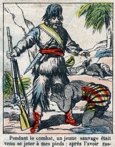 Illustration för Daniel Defoes bok (De foe) "" Robinson Crusoe"". Epinal avbildning från slutet av 1800-talet. av French School
