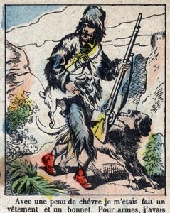 Illustration för Daniel Defoes bok (De foe) "" Robinson Crusoe"". Epinal avbildning från slutet av 1800-talet. av French School