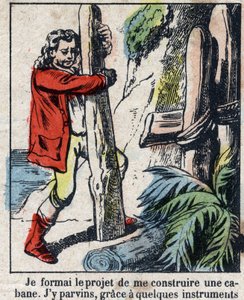 Illustration för Daniel Defoes bok (De foe) "" Robinson Crusoe"". Epinal avbildning från slutet av 1800-talet. av French School
