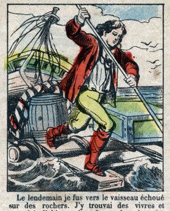 Illustration för Daniel Defoes bok (De foe) "" Robinson Crusoe"". Epinal avbildning från slutet av 1800-talet. av French School