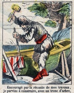 Illustration för Daniel Defoes bok (De foe) "" Robinson Crusoe"". Epinal avbildning från slutet av 1800-talet. av French School