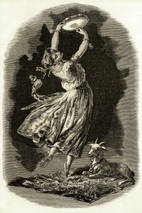 Illustration för "Notre-Dame de Paris" av Victor Hugo: Esmeralda dansar och spelar tamburin bredvid sin get, från 1900-talet (litho) av French School