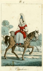 Illustration nr. 4, Cauchoise kostym (färgad gravyr) av French School