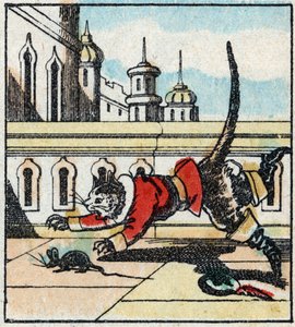 Illustration av Charles Perraults berättelse "The Cat Botte". Trästick av Imaging Pellerin - Epinal, sd. Sent 1800-tal. av French School