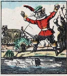 Illustration av Charles Perraults berättelse "The Cat Botte". Trästick av Imaging Pellerin - Epinal, sd. Sent 1800-tal. av French School