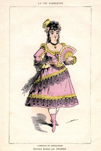 Illustration av "La Vie Parisienne", stycke och opera (opera-mat) av Jacques Offenbach på libretto av Ludovic Halevy och Henri (Henry) Meilhac, bokutgåva av Illustree Bokhandel 1875 - Gabrielle i Bresilienne: kostym tecknad av Draner (1833-1926) av French School