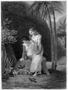 Illustration av "Paul och Virginia". Roman av Henri Bernardin de Saint Pierre (Saint-Pierre eller St-Pierre), fransk författare (1737-1814). av French School