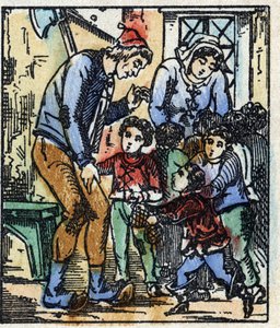 Illustration av berättelsen "" Le petit poucet "" av Charles Perrault. Trästick av Imaging Pellerin - Epinal, sd. Sent 1800-tal. av French School