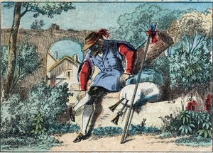 Illustration av fabeln av Jean de la Fontaine (1621-1695): vargen blev en herde. Epinal avbildning från slutet av 1800-talet. av French School