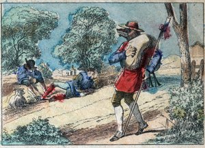 Illustration av fabeln av Jean de la Fontaine (1621-1695): vargen blev en herde. Epinal avbildning från slutet av 1800-talet. av French School