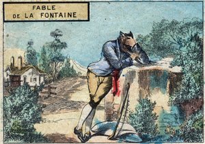 Illustration av fabeln av Jean de la Fontaine (1621-1695): vargen blev en herde. Epinal avbildning från slutet av 1800-talet. av French School