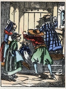 Illustration av berättelsen "Vargen, bocken och de sju biketterna" Trästick från Imaging Pellerin - Epinal, sd. Sent 1800-tal. av French School
