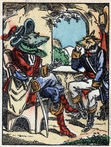 Illustration av berättelsen "Vargen, bocken och de sju biketterna" Trästick från Imaging Pellerin - Epinal, sd. Sent 1800-tal. av French School