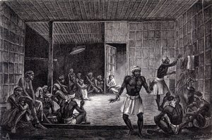 Illustration publicerad i 1862 års upplaga av "Le Tour du monde" som visar en session av exorcism som praktiseras av dayakerna på ön Borneo. Gravyr. av French School