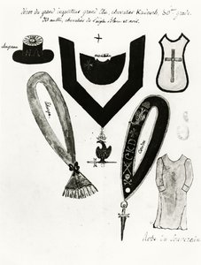 Illustrationer av frimurarregalier och riddaren Kadoshs klänning, 30:e graden, i Scottish Rite of Freemasonry, 1813 (penna, bläck och gouache på papper) av French School