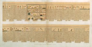 Illustrationer av ett Pampus-manuskript med hieroglyfer, Hypogees, Thebe, plåt 75 från Vol II av `Descriptions of Egypt`, graverad av Willemin, pub. 1822 (akvatint)