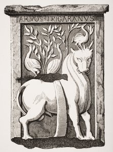Bild av det keltiska monumentet för den heliga oxen som hittades under kören i Notre Dame-katedralen i Paris 1711, från Le Moyen Age et La Renaissance av Paul Lacroix (1806-84) publicerad 1847 av French School
