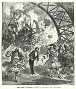 Föreställt besök av kung Ludvig XIV och hans hov i maskinpaviljongen vid Exposition Universelle i Paris 1889 (gravyr) av French School