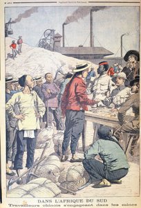 Importerar kinesiska arbetare för att arbeta i guldgruvorna i Sydafrika 1904, illustration från Le Petit Journal, 1904