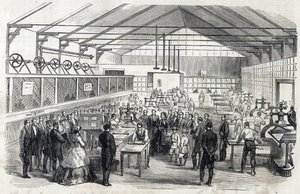 Imponera Eugenie och Imperial Prince besöker Banque de France, 23 juni 1866 - tryckning av sedlar - gravyr i Le MONDE Illustrous DU 07/07/1866 av French School
