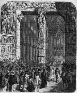I Canossa ber kejsar Henrik IV av det heliga romerska riket (1050 - 1106) i ångerfull klädsel påven Gregoire VII (Hildebrand: 1015/20 - 1085) om förlåtelse och gör hedervärt gottgörelse. Drottningkungens och kejsarnas brott genom århundradena” av Mauri av French School