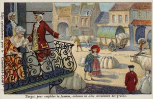 För att förhindra svält beordrar Anne-Robert-Jacques Turgot gratis utdelning av spannmål, Frankrike, c1770 av French School