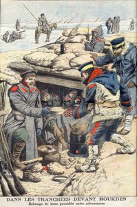 I skyttegravarna före Mukden, rysk-japanska kriget. Japanska och ryska trupper utbyter mat och dryck. I skyttegraven framför Mukden. Utbyte bra process mellan motståndare. Illustration för Le petit Journal, 22 januari 1905. av French School