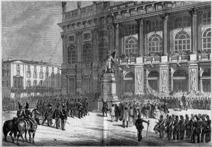 Invigning av det sardiska monumentet av Vincenzo Vela (1820-1891), på Chateau Square i Turin (Italien) den 10 april 1859. Bakom statyn finns "Palazzo Madama". Baserat på Mr. Ferrys skisser. Gravyr i "" Le Monde Illustré"" nr 106 av 23 april 18 av French School