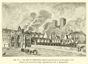 Brand på Hôtel-Dieu natten mellan den 29 och 30 december 1772, efter en ritning av tiden, tillhörande M A Bonnardot av French School