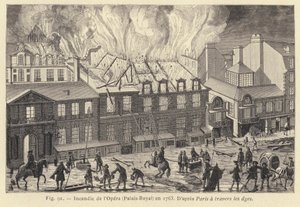 Brand på Operan, Palais-Royal, 1763 (gravyr) av French School