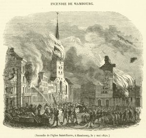 Bränning av Peterskyrkan, Hamburg, 7 maj 1842 (gravyr) av French School