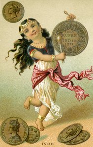 Indisk dansare som slår en rupiertrumma, från en serie reklamkort på valutor i olika länder, publicerade i Paris av Baster & Vieillemard för användning av chokladproducenten Chocolat Ible