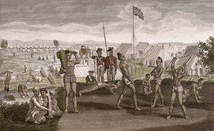 Indiska krigare tränar med utsikt över lägret för engelska invånare, ca 1810 av French School
