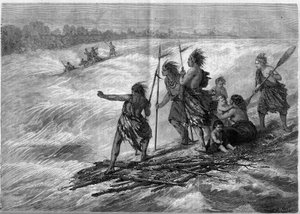 Indianer i Kanada, stående på trädgrenar fästa ihop, nedför Long Sault Rapids på St. Lawrence River av French School