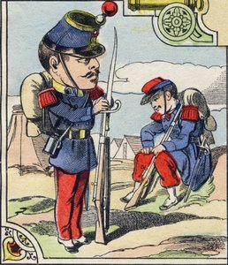 Infanterilinjen. Gravyr i "Comic Military Alphabet". Femte serien. Epinal avbildning. Pellerin och Cie, Printers, Epinal, sent 1800-tal. 16 sidor. Mått: 25x18,5cm av French School