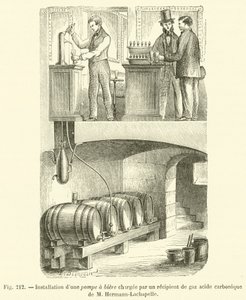 Installation av en ölpump laddad med en behållare med kolsyra av M Hermann-Lachapelle (gravyr) av French School
