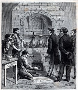 Installation av pyrometern av Alexandre Brongniart (1770 -1847) fransk vetenskapsman vid tillverkningen av Sevres - Gravyr i "Sciences mise à la gratete de tous - physics et chimie populaire"" av Alexis Clerc - Slutet av 1800-talet. Privat samling. av French School