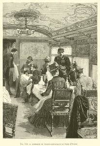 Interiör av Wagon-Restaurant of the Orient-tåget (gravyr) av French School