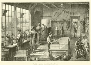 Interiör av en seltzervattenfabrik (gravyr) av French School