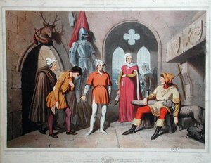 Interiör av ett slott i Vogeserna under fjortonde århundradet (färg litho) av French School