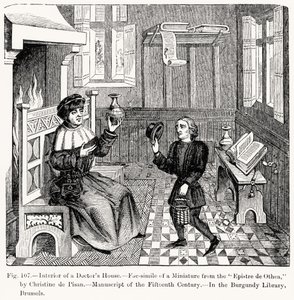 Interiör av ett doktorshus, från Epistre dOthea av Christine de Pisan, illustration från vetenskap och litteratur under medeltiden och renässansen, skriven och graverad av Paul Lacroix, 1878 (gravi av French School