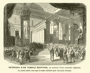 Interiör av ett forntida egyptiskt tempel under en gudstjänst (gravyr) av French School