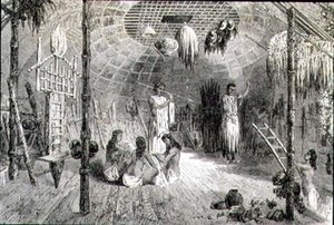 Interiör av en indisk hydda på 1860-talet (gravyr) av French School
