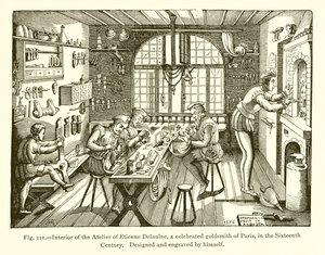 Interiör av Atelier of Etienne Delaulne, en hyllad guldsmed i Paris, på 1500-talet av French School