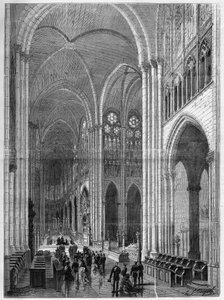 Interiören av basilikan Saint Denis (Saint Denis) restaurerad efter planer av Eugene Viollet-le-Duc (Viollet le Duc) (1814-1879). Gravyr i "The Illustrous Universe" av French School