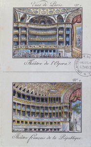 Interiör av Theatre de lOpera och Theatre de la Comedie Francaise, skylt 1 från Vues de Paris av French School
