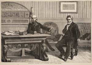 Intervju mellan greve Bismarck och M. Jules Favre, september 1870, illustration från Cassells historia om kriget mellan Frankrike och Tyskland, 1870-1871 av French School