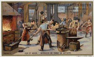 Järn och stål. Interiör av en upptagen smedja (chromolitho) av French School