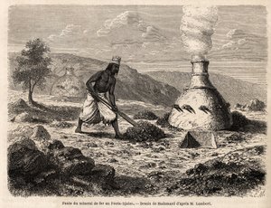 Järnmalmssmältning vid Fouta Djalon, Senegal, teckning av Hadamard, för att illustrera löjtnant Lamberts resa till Fouta Djalon 1860. Gravyr i "Le tour du monde" 1861. Selvas samling. av French School